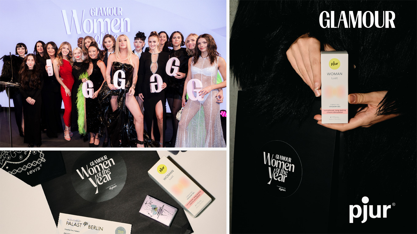 Collage der Gewinnerinnen der GLAMOUR Woman of the Year Awards 2024 mit pjur WOMAN Lust in der Goodie Bag.