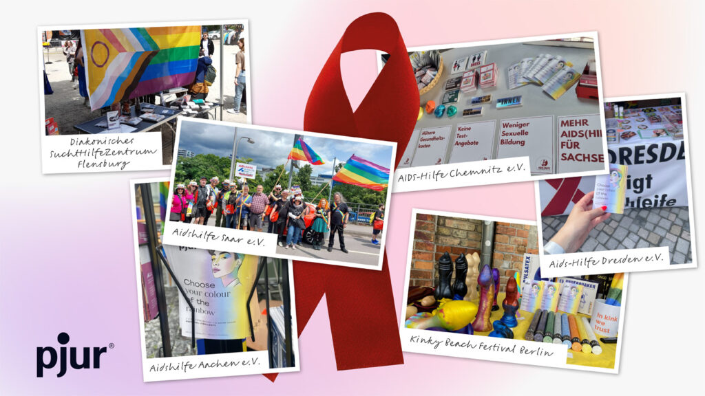 Collage von Pride-Events mit pjur und Aids-Hilfen beim Verteilen von Pride Sachet-Cards.