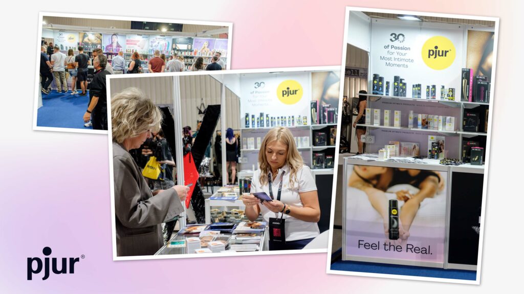 pjur auf der Erochain 2025 am Boys of Toys-Stand mit Produkten und Publikum.