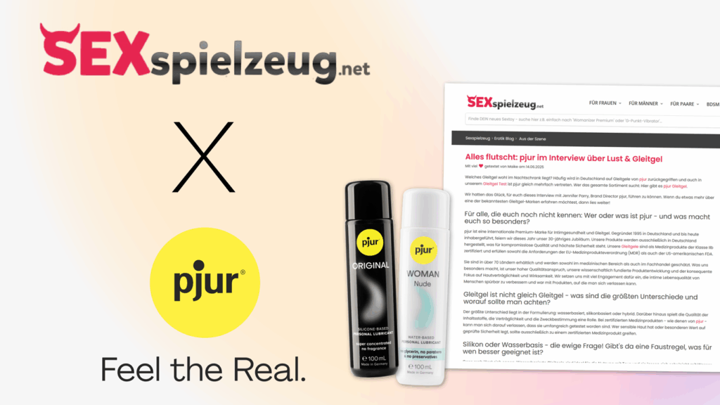 Logos von sexspielzeug.net und pjur, Gleitgele, Screenshot eines Interviews