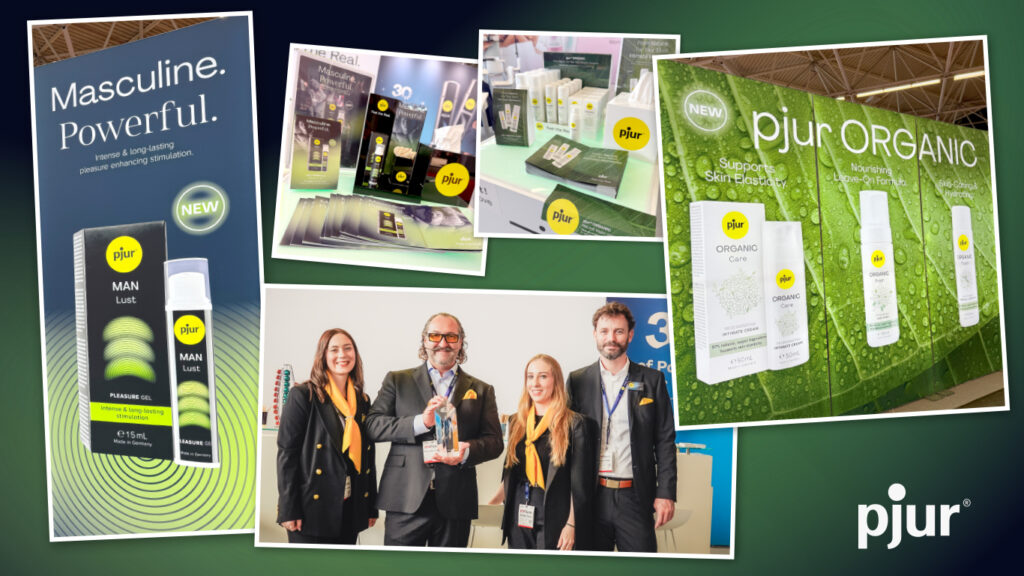 pjur Team am Stand mit Award und Impressionen der ORGANIC Serie und MAN Lust Produkte.