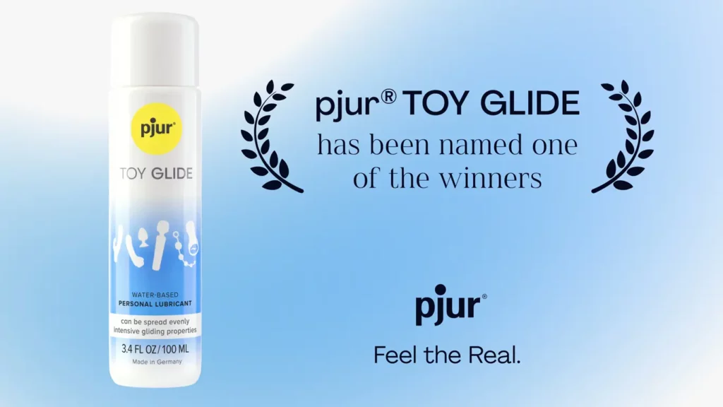 pjur TOY GLIDE bottle on the left; on the right text: “has been named one of the winners” along with the pjur logo and “Feel the Real.”