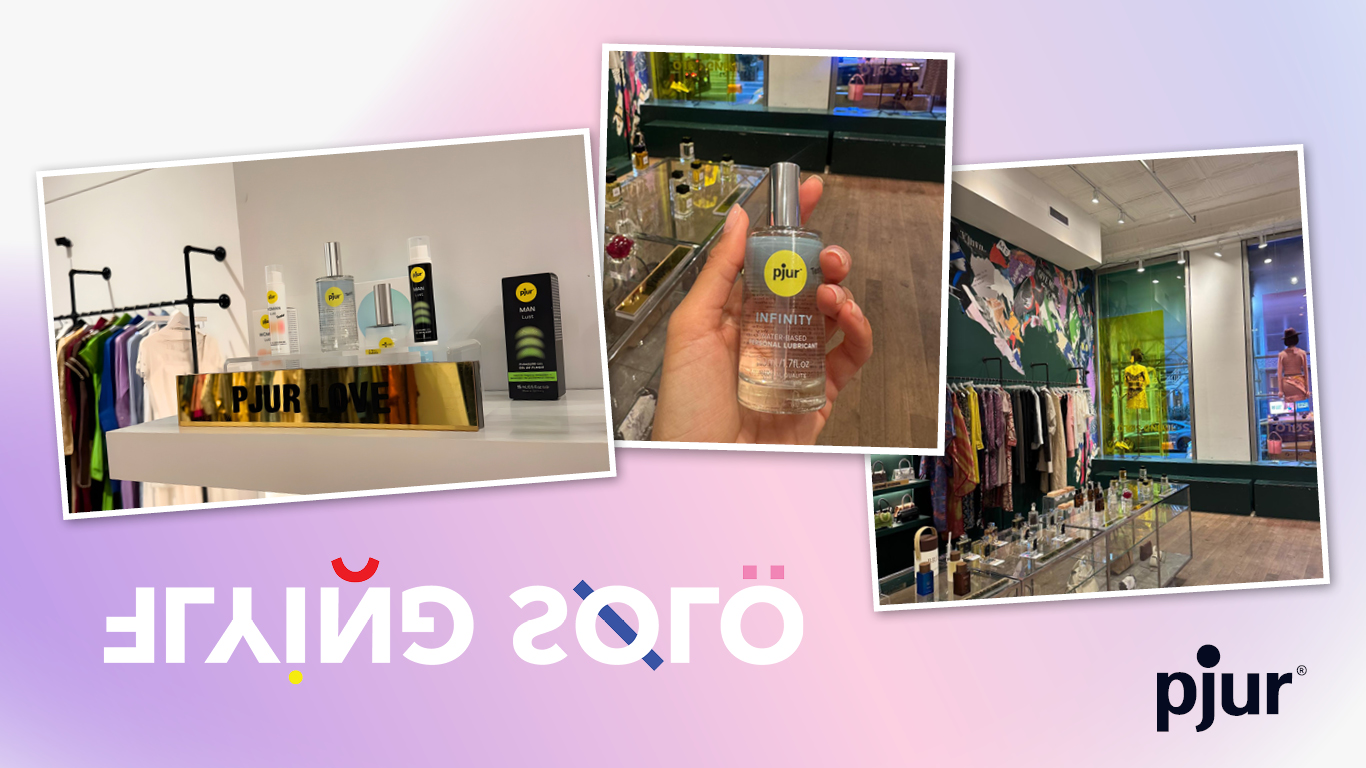 Image collage featuring pjur product presentation as well as impressions from the Flying Solo store.