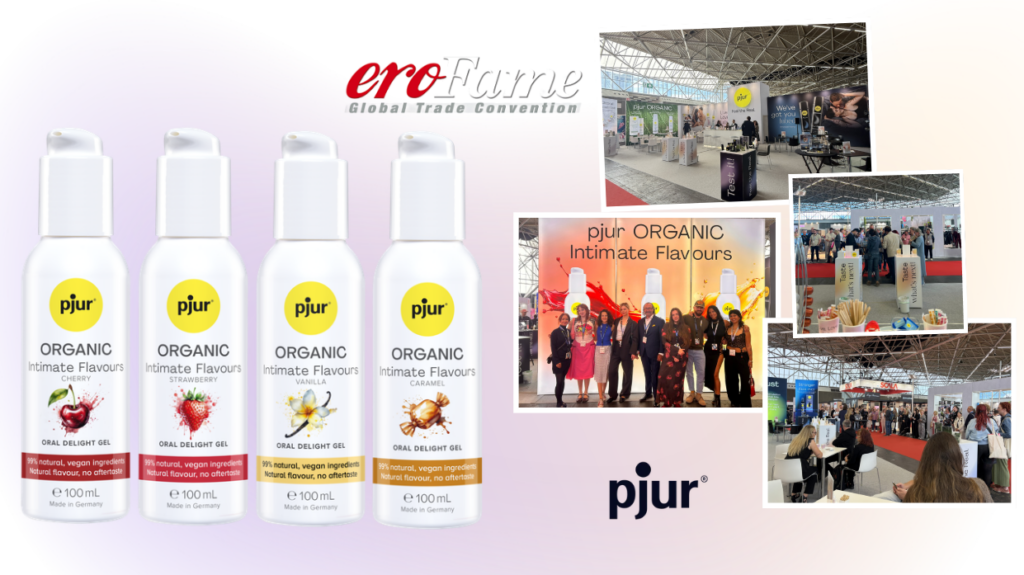 Image collage featuring the new pjur ORGANIC Intimate Flavours product range and images from eroFame.